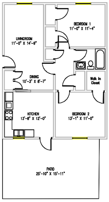 Floor plan for 2 beds, 1 bath, 945 sqft